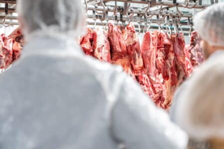 Butchers,processing,hanging,beef,carcasses,in,meat,processing,plant